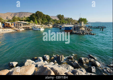 The little harbour of Ein Gev on the east coast of the lake of Galilee in Israel Stock Photo