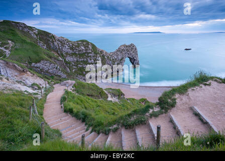 Steps leading down to Durdle Door on the Jurassic Coast, Dorset, England.  Summer (June) 2014.