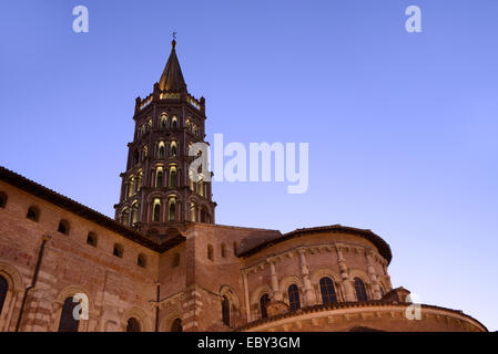 Saint Sernin Romanesque Basilica or Basilica of Saint-Sernin Church (1080-1120) at Dusk Toulouse France. The largest Romanesque building in Europe. Stock Photo