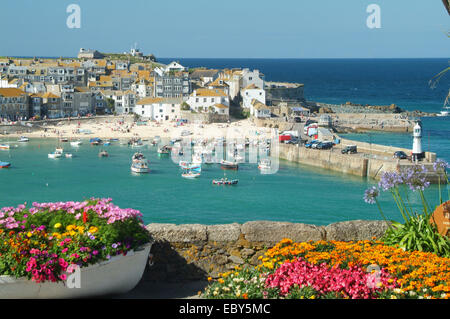 View from Malakoff Gardens of Harbour & town St Ives Penwith West Cornwall South West England UK winner of many Britain in Bloom Stock Photo