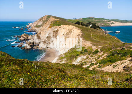 View on Pacific Ocean and Drakes Bay from Chimney Rock hiking trail. Point Reyes National Seashore, California, USA. Stock Photo