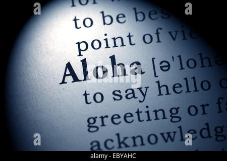 Fake Dictionary, Dictionary definition of the word aloha. Stock Photo