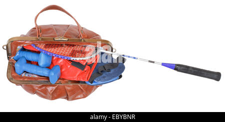 ladies handbag with sport items boxing gloves, dumbbells, tennis racket isolated on white background Stock Photo