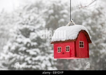 Red bird house hanging outdoors in winter covered with snow Stock Photo
