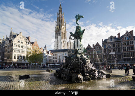ANTWERP, BELGIUM - OCTOBER 26: The Grand Place with the Statue of Brabo, throwing the giant's hand into the Scheldt River and th Stock Photo