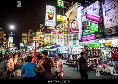 Illuminated signs on the Khao San road, Bangkok, Thailand Stock Photo