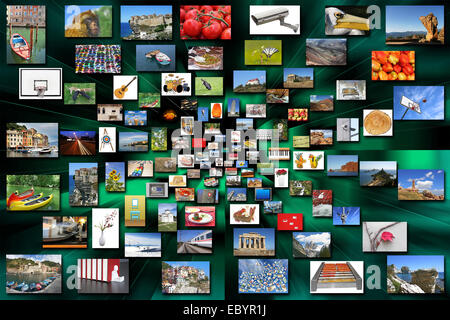Lots of a variety photos in perspective on green background Stock Photo