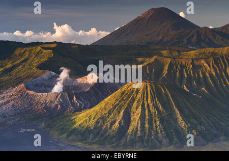 Sunrise over smoking Mount Bromo volcano, Bromo-Tengger-Semeru National Park, Java, Indonesia, Asia Stock Photo