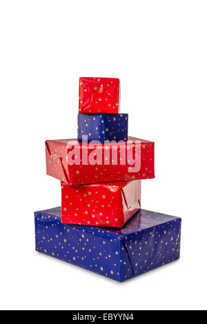 Stack of five presents in different sizes wrapped in blue and red paper isolated on white background Stock Photo