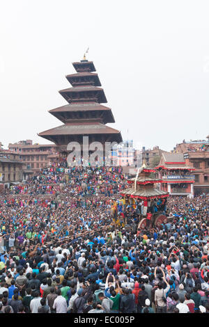 The chariot race in Bhaktapur, Nepal as part of the Bisket Jatra new year celebrations Stock Photo