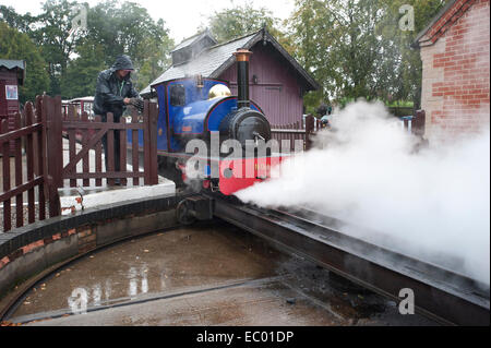 The Driver of 10 and a 1/4 inch gauge Steam locomotive No 1 'Alan Bloom' uses his injectors as he moves his engine on the Garden Line onto theTurntable to turn for the return journey as his soaking wet guard secures the safety fence in the pouring rain. The Narrow Gauge engine, built in Bressingham in 1995, runs on one of 3 lines around Bressingham Steam Museum and Gardens at Diss, Norrfolk. The little engine is named after the gardens and museums founder and builder, the late Alan Bloom. Stock Photo