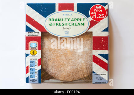 Tesco Bramley Apple and Fresh Cream sponge cake in box isolated on white background - half price Stock Photo