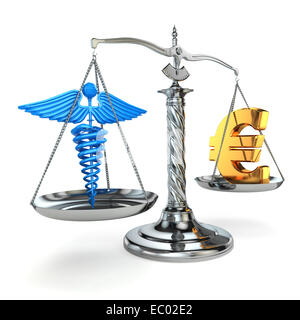 Choice health or money. Caduceus and euro signs on scales. 3d Stock Photo