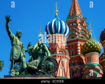 Statue of Kuzma Minin and Dmitry Pozharsky with Saint Basil's Cathedral on the background Stock Photo