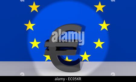 Currency symbol Euro made of dark metal in spotlight in front of European flag Stock Photo