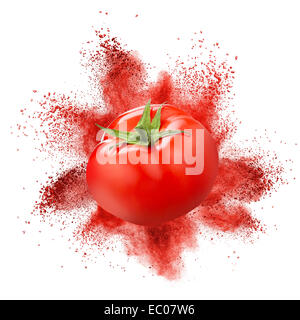 Tomato with red powder explosion isolated on white background Stock Photo