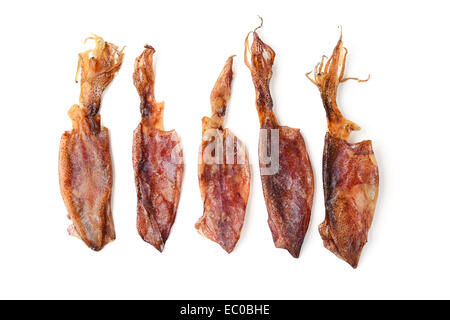 dried squids on white background Stock Photo