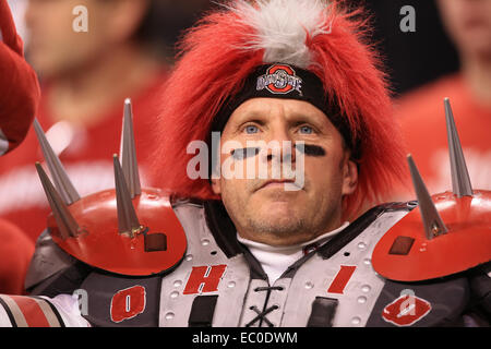 Indianapolis, IN, USA. 06th Dec, 2014. An Ohio State fan as seen during the first half of the NCAA Big 10 Championship football game between the Wisconsin Badgers and the Ohio State Buckeyes at Lucas Oil Stadium in Indianapolis, Indiana. Credit: 2014 Billy Hurst/CSM/Alamy Live News Stock Photo