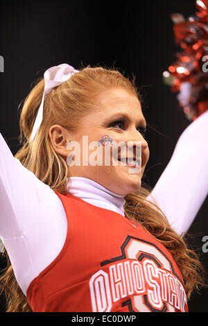 Indianapolis, IN, USA. 06th Dec, 2014. An Ohio State cheerleader as seen during the first half of the NCAA Big 10 Championship football game between the Wisconsin Badgers and the Ohio State Buckeyes at Lucas Oil Stadium in Indianapolis, Indiana. Credit: 2014 Billy Hurst/CSM/Alamy Live News Stock Photo