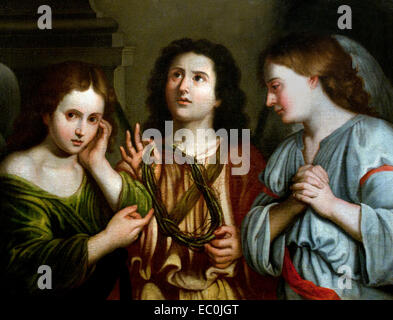 Tres ángeles venerando la corona de espinas - Three angels worshiping the crown of thorns Simon Peti or Pitti 1665-1714  Spain Spanish Stock Photo