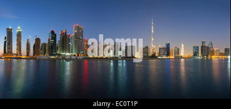 Evening skyline view of Burj Khalifa and Dubai from Business Bay district in United Arab Emirates Stock Photo