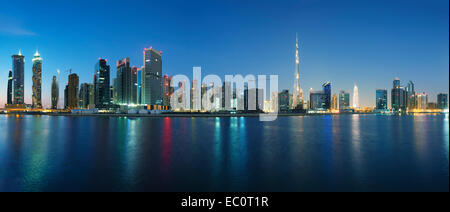 Evening skyline view of Burj Khalifa and Dubai from Business Bay district in United Arab Emirates Stock Photo