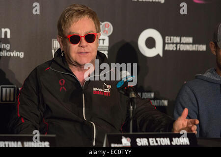 London, UK. 7 December 2014. Pictured: Rock Star Sir Elton John. Press conference led by Billie Jean King and Sir Elton John ahead of the tennis matches of the 22nd Mylan World Team Tennis Smash Hits at the Royal Albert Hall, London. Event participants include Andy Roddick, Tim Henman, Kim Clijsters, Sabine Lisicki, John McEnroe, Jamie Murray, Heather Watson and Martina Hingis. The event raises money for the Elton John Aids Foundation (EJAF). The event takes place during Statoil Masters Tennis. Credit:  Nick Savage/Alamy Live News Stock Photo
