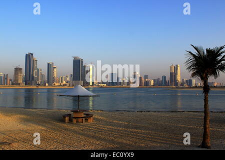 Sharjah from Al Mamzar beach in Dubai Stock Photo