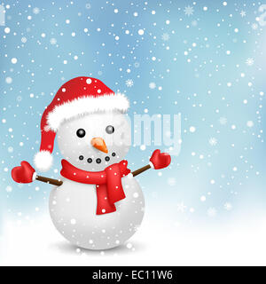 The snowman with red scarf and red hat on the snowfall background Stock Photo