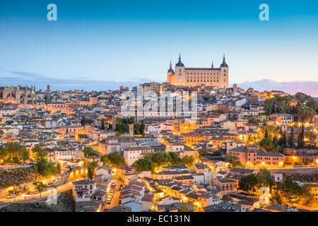 Toledo, Spain town skyline at the Alcazar at dawn. Stock Photo