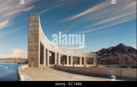 A postcard panoramic style image of Parker Dam,on the Colorado River near Parker Arizona Stock Photo