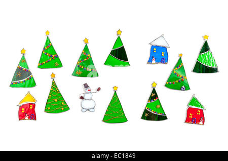 Set of stained glass hand-made original decor items for a Christmas tree isolated on white background. Stock Photo