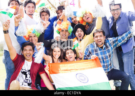 indian friends group Crowds Stadium cheer Stock Photo