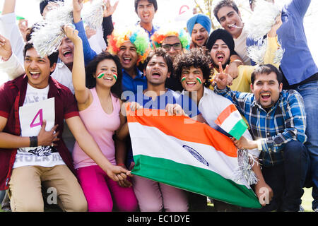 indian friends group Crowds Stadium cheer Stock Photo