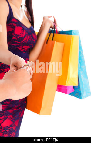 indian lady Credit Card Shopping Stock Photo