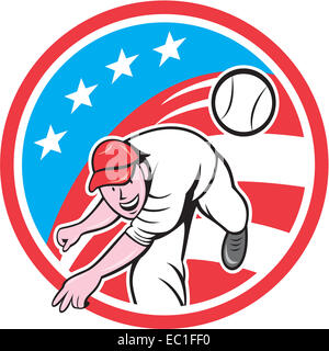 Illustration of an american baseball player pitcher outfilelder throwing ball set inside circle with usa stars and stripes flag Stock Photo