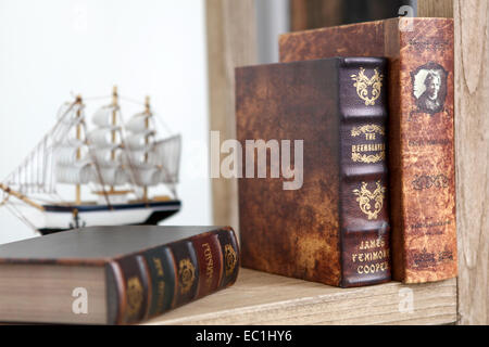 Old rare leatherbound books on a bookshelf with a model of a tall ship Stock Photo