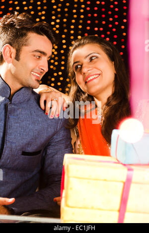 indian couple Diwali Festival Surprise gift Stock Photo