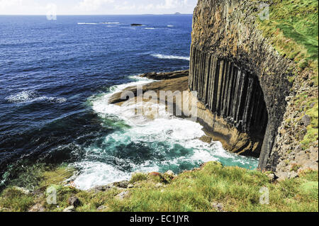 Fingal's Cave from above; Staffa, off the West coast of  Mull, Inner Hebrides. Prominent since a visit by Sir Joseph Banks, the Stock Photo