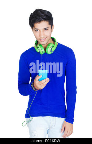 indian boy phone Singing Music Stock Photo