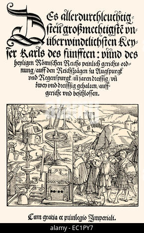 Title of the Constitutio Criminalis Carolina, the first body of German criminal law by Charles V., 1532, Stock Photo