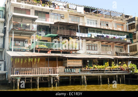 Apartment block of houses on stilts on the banks of the Chao Praya river, Bangkok, Thailand Stock Photo