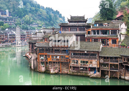 Stilt houses on the Tuojiang River at Fenghuang ancient town, Hunan Province, China Stock Photo