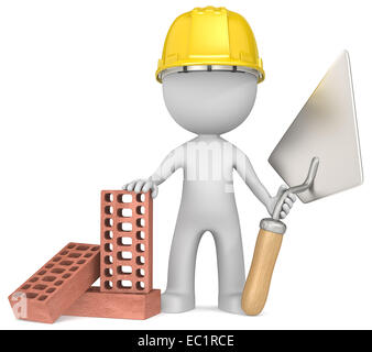 Dude the Bricklayer with trowel and bricks. Stock Photo