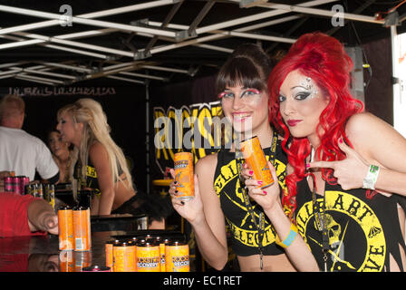 Energy drink girls / contestants at Rockstar Energy drink at a rock concert. Stock Photo