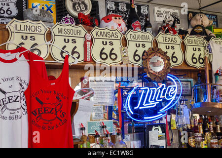 Illinois Hamel,historic highway Route 66,Weezy's,restaurant restaurants food dining cafe cafes,interior inside,souvenir tee shirts,sale,IL140902036 Stock Photo