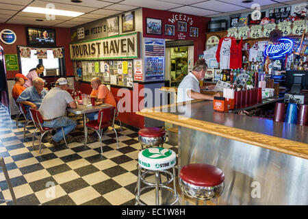 Illinois Hamel,historic highway Route 66,Weezy's,restaurant restaurants food dining cafe cafes,interior inside,counter,table,custormers,IL140902037 Stock Photo