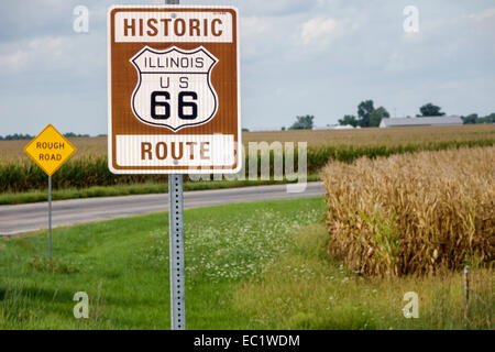 Illinois Waggoner,historic highway Route 66,sign,corn,cornfields,rural,IL140902092 Stock Photo