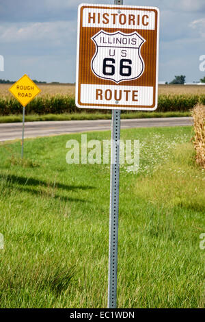 Illinois Waggoner,historic highway Route 66,sign,corn,cornfields,rural,IL140902094 Stock Photo