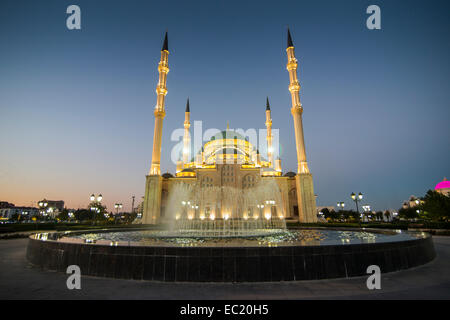 Akhmad Kadyrov Mosque at dusk, Grozny, Chechnya, Caucasus, Russia Stock Photo